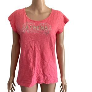 Athens Greece Tourist Tshirt Womens 2XL Pink Silver Bling Spell Out Stretch